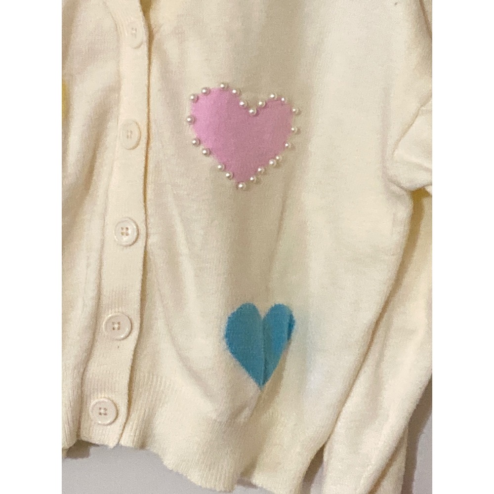 Pastel Heart Pearl Embellished Cream Cardigan Sweater V-Neck Button Front L-XL - Picture 4 of 8